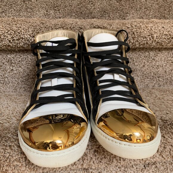Louis Leeman Men\'s Leather White/Black with Gold Metal Front Trim Sneakers. main image 12